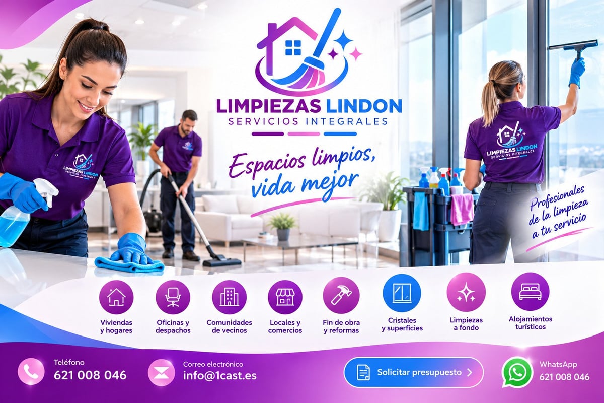 Limpiezas Lindon cleaning service promotional flyer showing workers in purple uniforms cleaning office spaces with contact information and service icons
